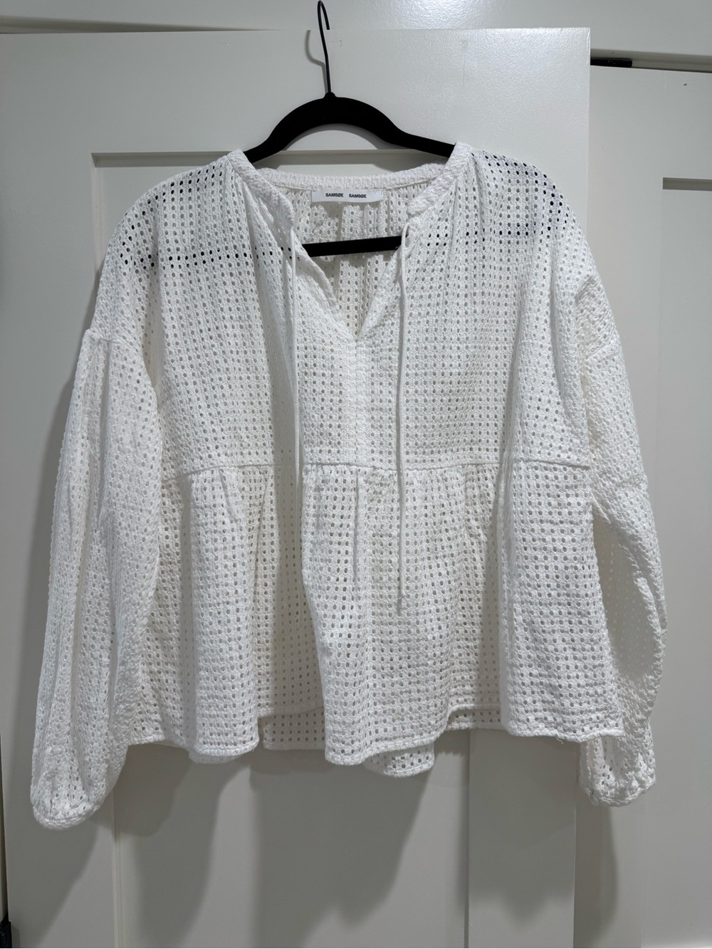 SAMSOE White Eyelet Tie-Neck Tunic Blouse